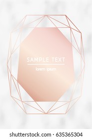 Diseño moderno vectorial para invitación de boda o cumpleaños, folleto, póster o tarjeta de visita. Diamantes geométricos de color rosa dorado sobre fondo de mármol