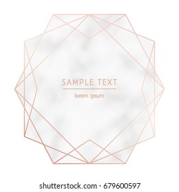 Diseño moderno vectorial para invitación de boda o cumpleaños, folleto, póster o tarjeta de visita. Diamantes geométricos de color rosa dorado con fondo de mármol