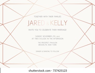 Vector modern design template for wedding invitation. Art Deco geometric rose gold pattern