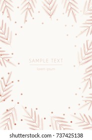 Vector Modern Design Template For Wedding Or Birthday Invitation, Brochure, Poster Or Business Card. Dark Background With Rose Gold  Fir Branches And Snow