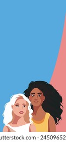 Vector modern design vertical banner with place for text, women of different nationalities and skin colors on a gentle blue pink background. Of the movement for gender equality and women's empowerment