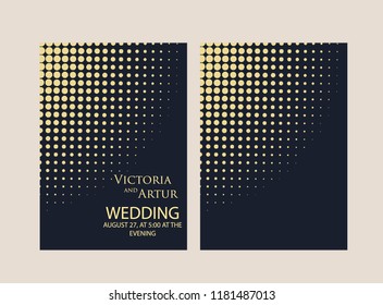 Vector modern design wedding invitation. Trendy geometric halftone pattern on a dark blue background. Rose gold color 