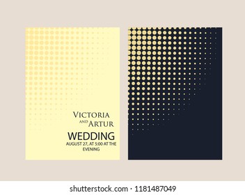 Vector modern design wedding invitation. Trendy geometric halftone pattern on a dark blue background. Rose gold color 