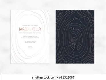 Vector modern design wedding invitation. Vector modern design wedding invitation. Dark background with rose gold lines. Marble texture with rose gold lines. Dark background