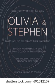 Vector modern design wedding invitation. Dark background with rose gold lines. Marble pattern