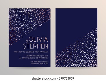 Vector modern design wedding invitation. Rose gold  foil confetti on a dark blue background