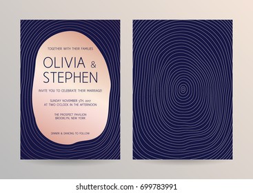 Vector modern design wedding invitation. Navy blue background with rose gold lines. Abstract wood texture