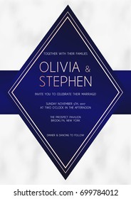 Vector modern design wedding invitation. Trendy geometric sticker on a marble background