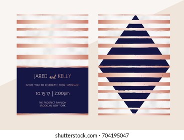 Vector modern design wedding invitation. Background with rose gold lines and marble texture