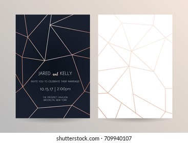 Vector Modern Design Wedding Invitation. Dark Background With Geometric Rose Gold Pattern