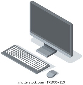 Vector modern desktop computer with blank gray widescreen monitor, wireless keyboard and mouse isolated on white background. Modern digital device electronic means of communications, computing machine