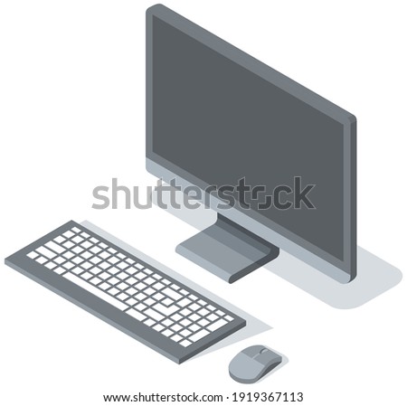 Vector modern desktop computer with blank gray widescreen monitor, wireless keyboard and mouse isolated on white background. Modern digital device electronic means of communications, computing machine