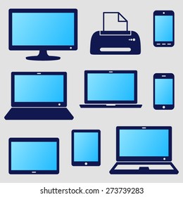 Vector modern digital device icons with blue screen