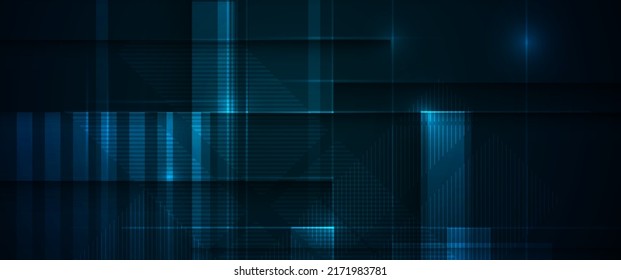 Modernes digitales Grafikdesign mit Lichtlinie, geometrischer Form, Streifenlinienmuster und Textur auf Farbverlauf-blauem Hintergrund. Abstrakte Illustration für Banner, Hintergrund