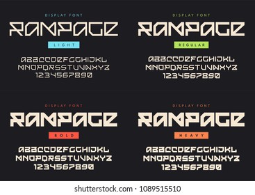 Vector modern display font named Rampage. Light, regular, bold and heavy styles. Blocky typeface, futuristic uppercase letters and numbers, alphabet. Global swatches.
