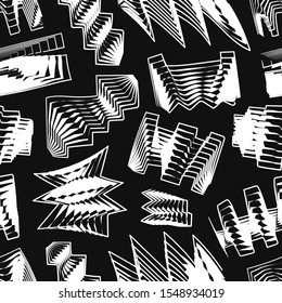 vector modern doodle drawing white freeform shape lines seamless pattern on black