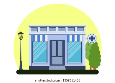 Vector modern drugstore detailed facade in flat style. Vector illustration.