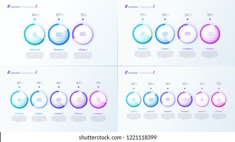 Vector modern editable infographic templates with percentage diagrams for creating presentations, reports, visualizations.