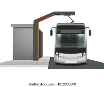 Vector modern electric bus semi during charging, isolation on white background