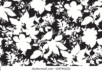 Vector modern and elegance floral seamless pattern with different flowers and leaves. Black and white Botanical illustration hand painted. Textile print, fabric swatch, wrapping paper. - Vector