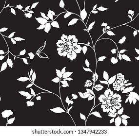 Vector modern and elegance floral seamless pattern with different flowers and leaves. Black and white Botanical illustration hand painted. Textile print, fabric swatch, wrapping paper. - Vector