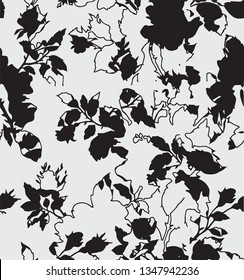 Vector modern and elegance floral seamless pattern with different flowers and leaves. Black and white Botanical illustration hand painted. Textile print, fabric swatch, wrapping paper. - Vector