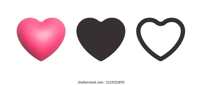 Vector Modern Elegant Heart Icon Set 3D Flat Outline Style Isolated On White Background. Rounded Hearts Shapes Graphic Symbol Of Love And Health. Like Icons In Different Styles. Valentines Day Decor