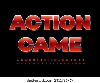 Vector modern Emblem Action Game. Red and Silver 3D Font. Artistic Alphabet Letters and Numbers