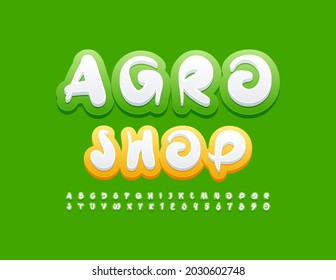 Vector modern emblem Agro Shop. Trendy style Font. Artistic set of Alphabet Letters and Numbers