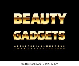 Vector modern emblem Beauty Gadgets. Trendy Gold Font. Unique Luxury 3D Alphabet Letters and Numbers set.