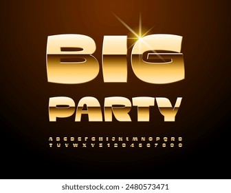 Vector modern emblem Big Party. Cool Gold Font. Trendy Alphabet Letters and Numbers set.