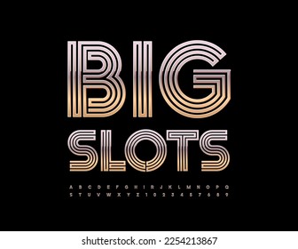 Vector modern Emblem Big Slot. Chic Golden Font. Shiny Elite Alphabet Letters and Numbers set.