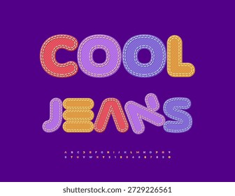 Vector Emblema moderno Cool Jeans. Fuente de mezclilla de moda. Conjunto de letras y números de alfabeto colorido de moda.	