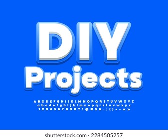 Vector modern emblem DIY Projects with Blue and White Font. Stylish set of Alphabet Letters, Numbers and Symbols set