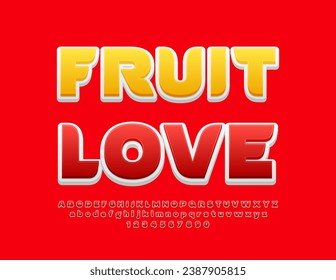 Vector moderno Emblem Fruit Love. Fuente roja de moda. Letras y números alfabéticos artísticos.