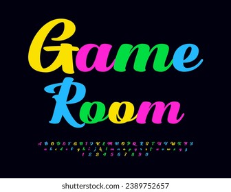Vector emblema moderno Sala de juegos con fuente caligráfica colorida. Letras y números de alfabeto luminosos
