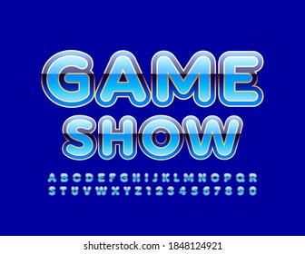 Vector Modern Emblem Game Show. Luxury Blue And Gold Font. Glossy Alphabet Letters And Numbers