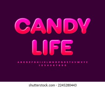 Vector modern Emblem Gandy Life. Pink Sweet Font. Trendy Glossy Alphabet Letters and Numbers set