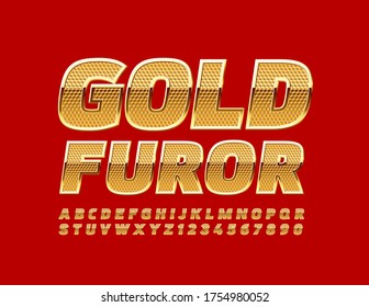 Vector modern emblem Gold Furor with textured luxury Font. Elite Alphabet Letters and Numbers