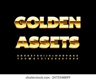 Vector modern emblem Golden Assets. Elite Golden Font. Premium 3D Alphabet Letters and Numbers set.