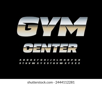 Vector moderno Emblem Gym Center. Única fuente metálica. Conjunto de letras y números de plata. 