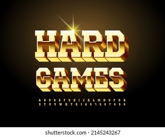 Vector Modern Emblem Hard Game.  Golden 3D Font. Metallic Alphabet Letters and Numbers set