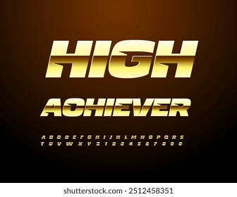 Vetor emblema moderno Alto Achiever. Fonte Ouro Exclusiva. Luxo alfabeto letras e números definido