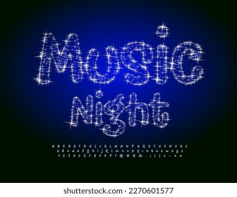 Vector modern Emblem Magic Night. Fantasy set of Alphabet letters, numbers and Symbols with Sparkling Stars. Funny Creative Font.