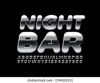Vector modern emblem Night Bar with Metallic Glossy Font. Chrome shiny Alphabet Letters and Numbers