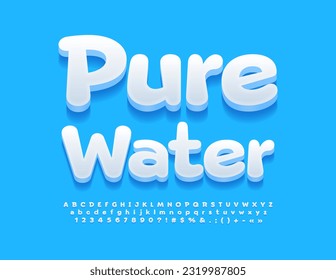 Vector modern Emblem Pure Water. White 3D Font. Artistic Alphabet Letters and Numbers set 