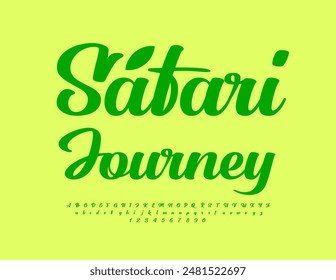 Vector modern emblem Safari Journey with Stylish Cursive Font. Playful Green Alphabet Letters and Numbers.
