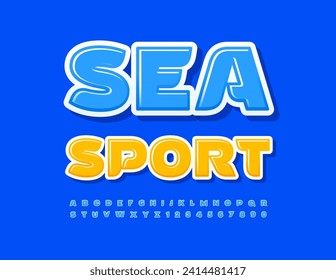 Vector modern emblem Sea Sports. Stylish Blue Font. Trendy Alphabet Letters and Numbers set