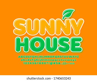 Vector modern emblem Sunny House with Green glossy Font. Bright Alphabet Letters and Numbers