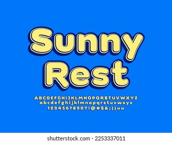 Descanso Sunny Emblem moderno vectorial. Fuente creativa brillante. Conjunto de letras y números de alfabeto artístico